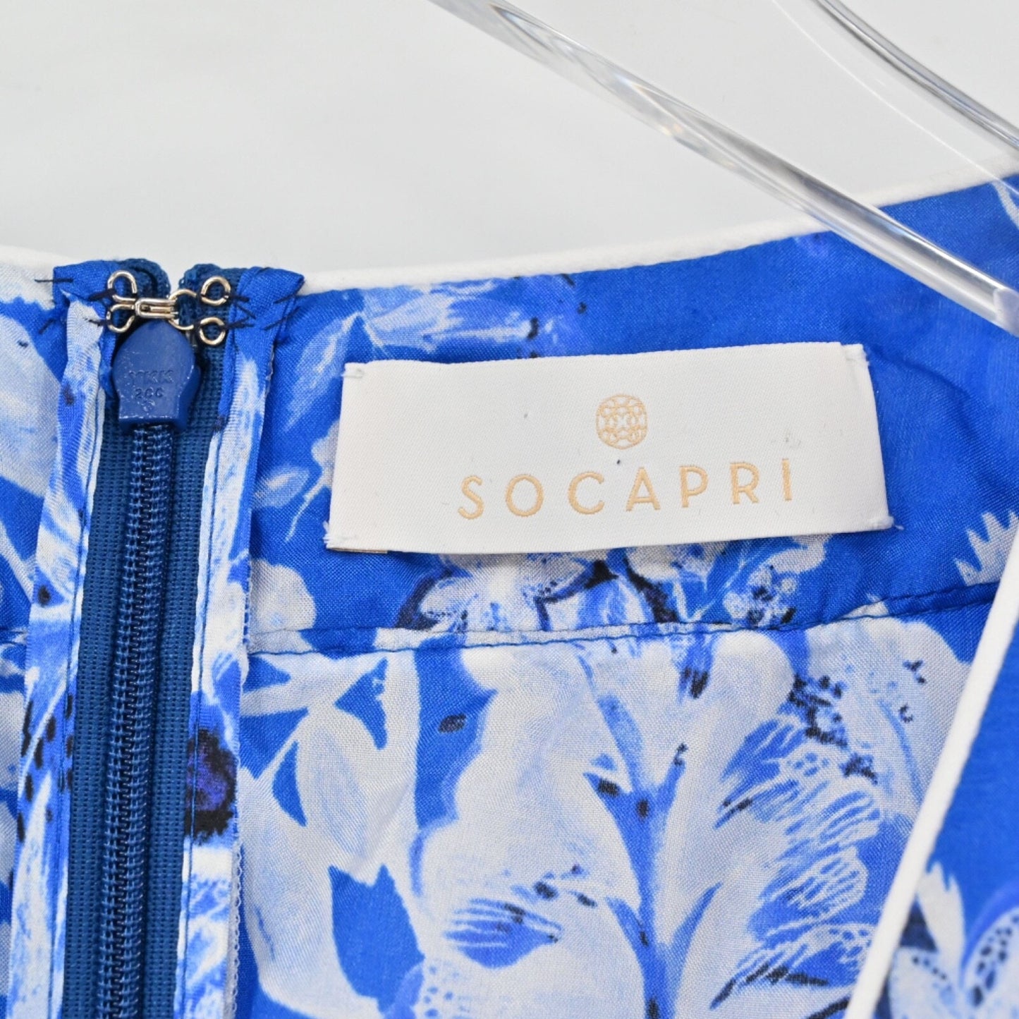 SOCAPRI Dress Sz 38 Blue Floral 100% Silk Dolman Sleeve Mini Geisha Deep V Neck