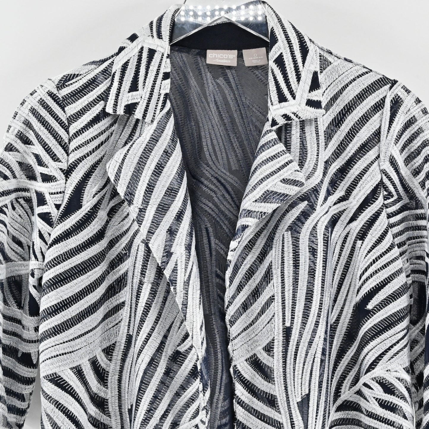 Chicos Womens Travelers Open Front Jacket Size S Navy Silver Embroidered Print