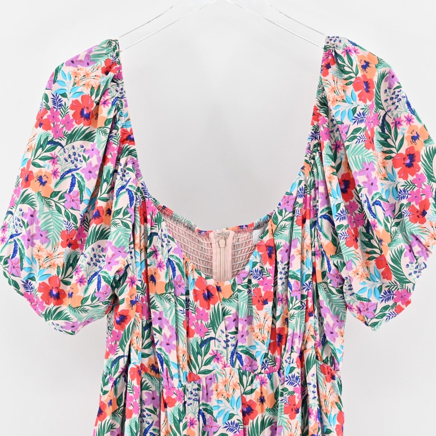 LOST WANDER Dress Size 1X Multicolor Floral Print Puff Sleeve Sweetheart Midi