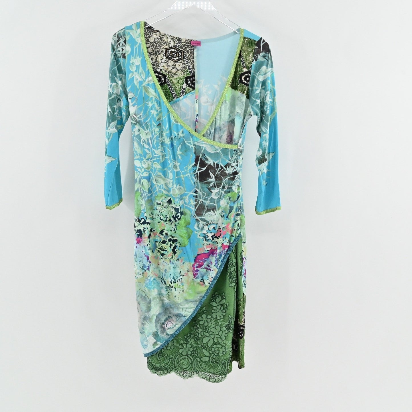 Save The Queen Wrap Dress Sz S Italy Turquoise Floral Mesh Long Sleeve Eclectic