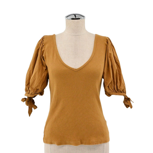 ANTHROPOLOGIE Top Womens Size XS Maeve Puff Sleeve Tie VNeck Mustard Blouse