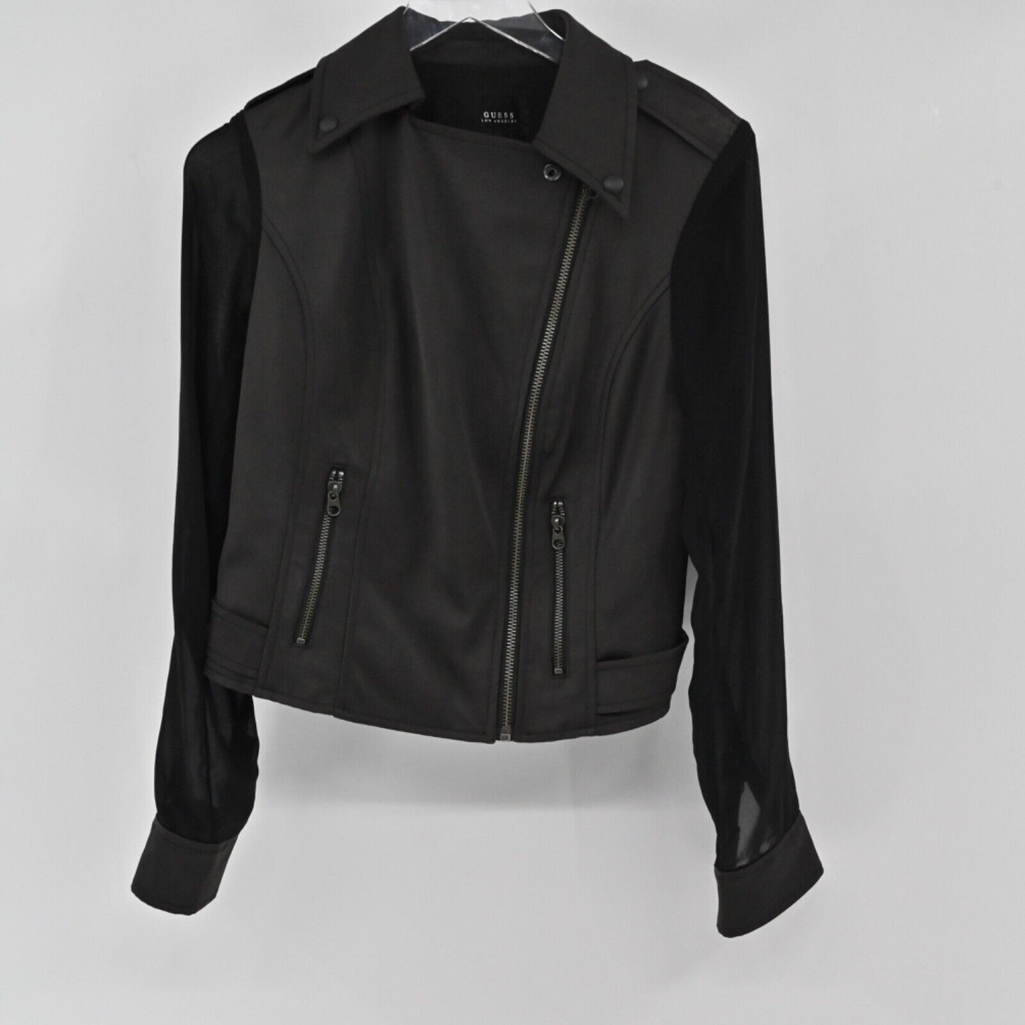 GUESS Jacket Womens Sz S Black Asymmetric Full Zip Sheer Sleeve Crop Moto Grunge