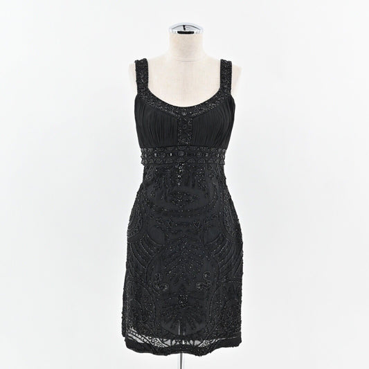 Vtg SUE WONG Dress Size 2 Black Silk Sequin Beaded Empire Waist Tank Shift Y2k