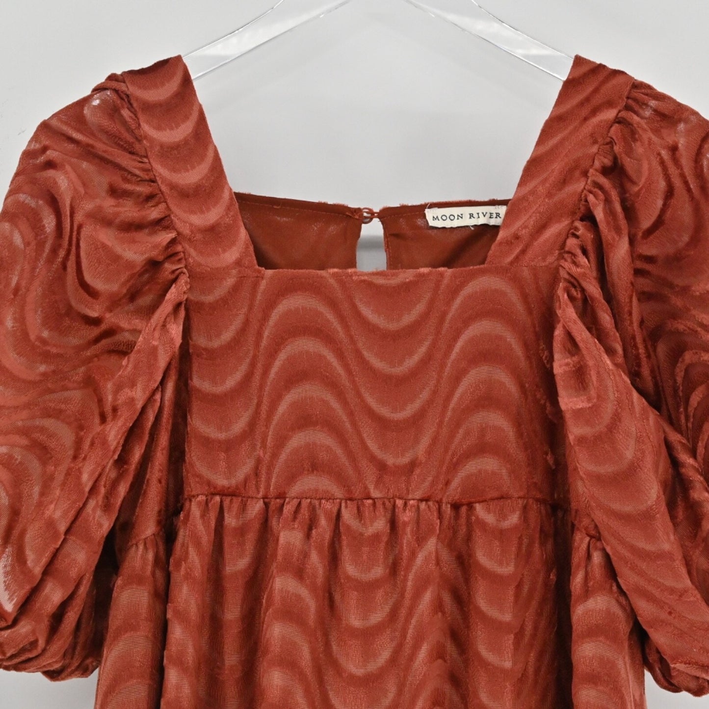 MOON RIVER Velvet Babydoll Dress Size M Peasant Boho Puff Sleeves Rust Retro 70s