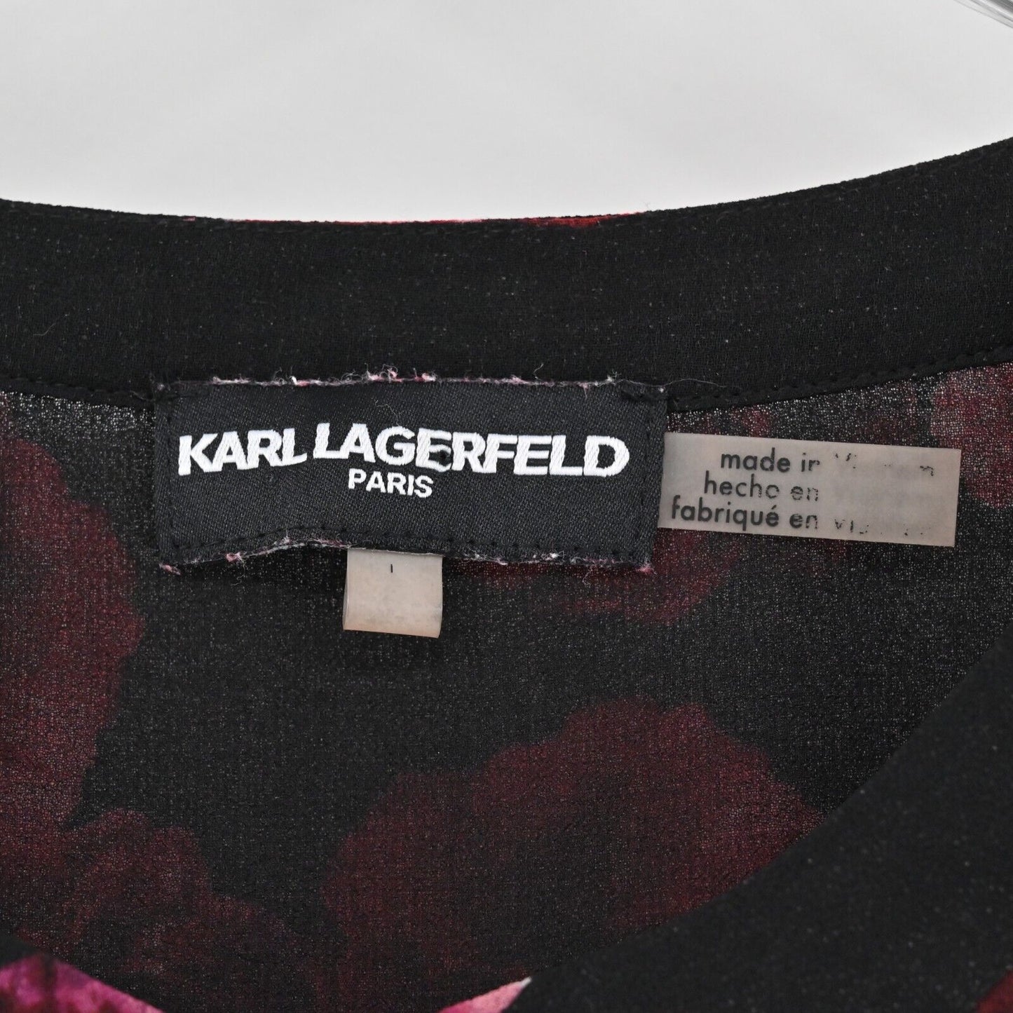 KARL LAGERFELD Top Womens Size L Red Black Floral Bell Sleeve Blouse Chiffon