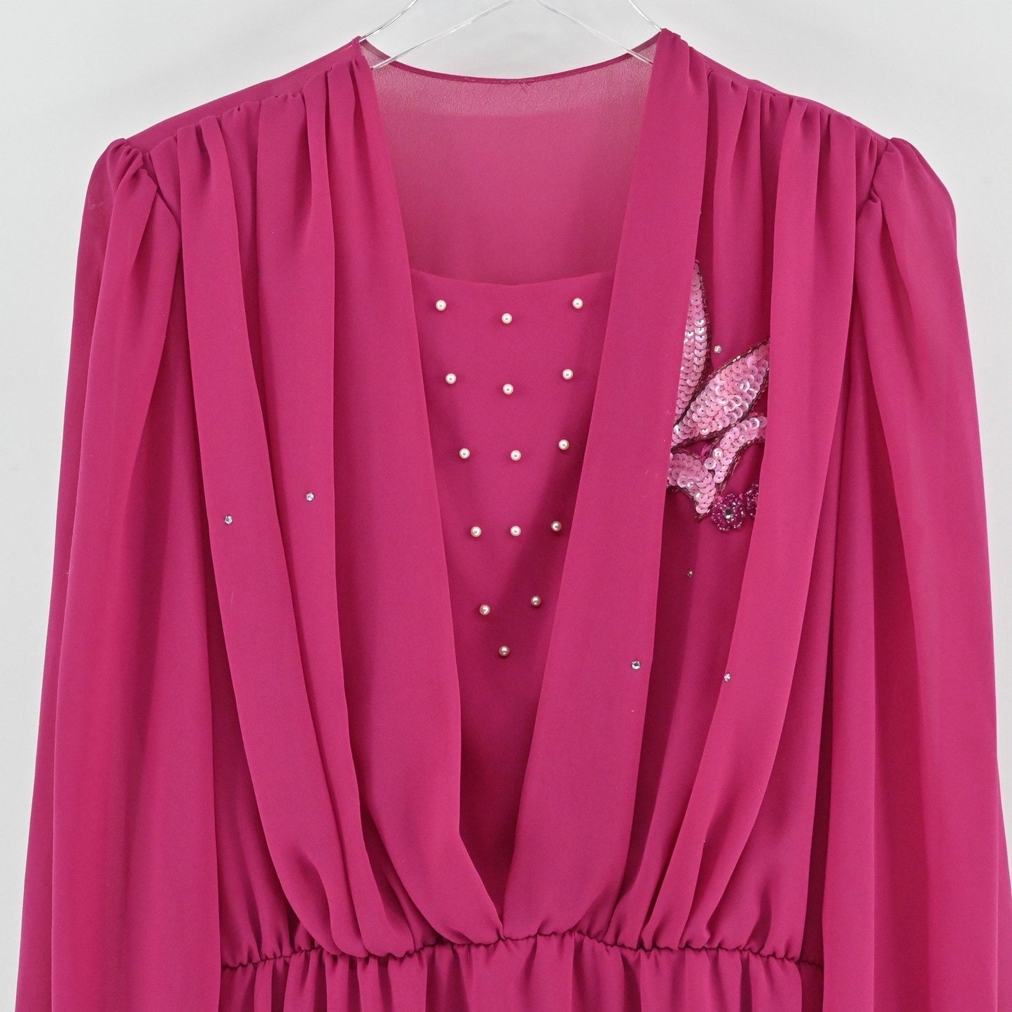 Vintage 70s 80s Blouson Evening Midi Dress Sz 10 Pink Beaded Sequin Puff Sleeve