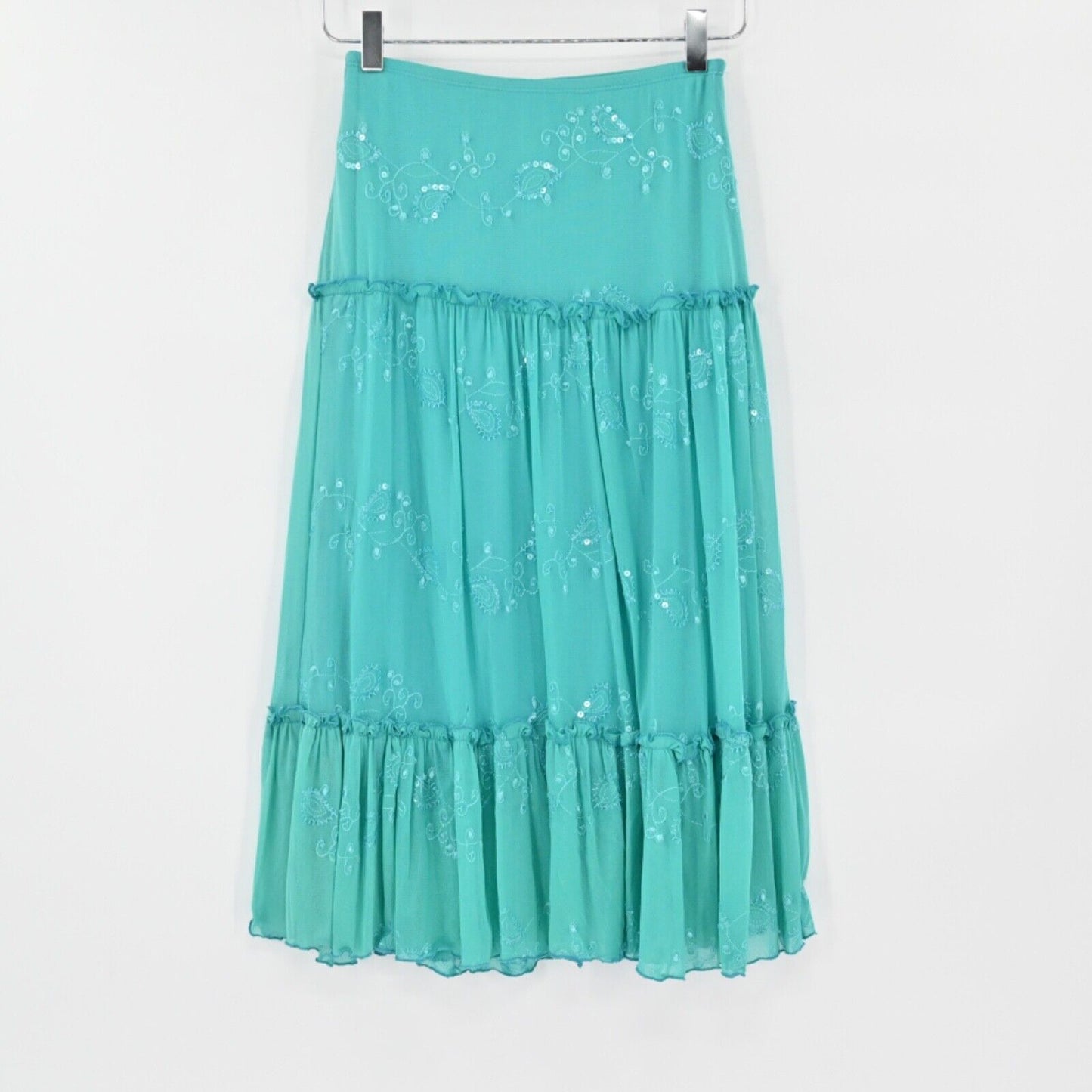 Vintage WHIZ Skirt Womens Sz S Teal Paisley Tiered Ruffle Embroidered Sequin Y2K