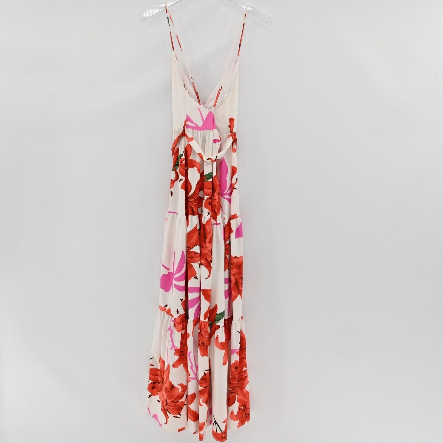 THE SANG Dress Sz S Sleeveless Maxi Red Pink White Floral Tiered Tie Waist Beach