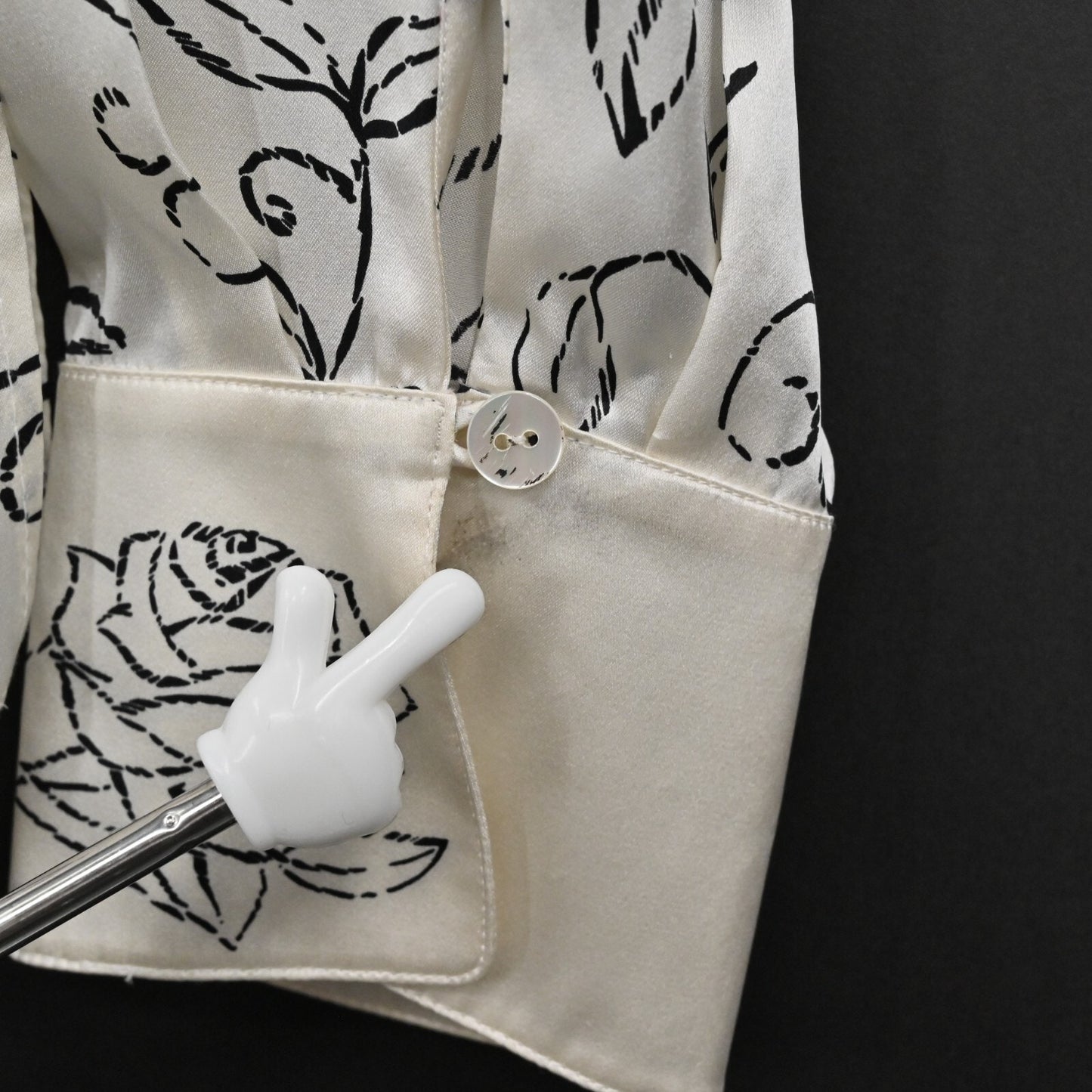 Vtg Womens Floral Silk Top Size 10 Satin Black Ivory Print Blouse STARINGTON 80s
