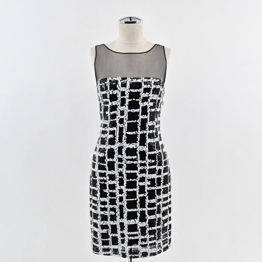 Aidan Mattox Sequin Mini Dress Size 2 Black White Sheath Sleeveless Mesh Glam