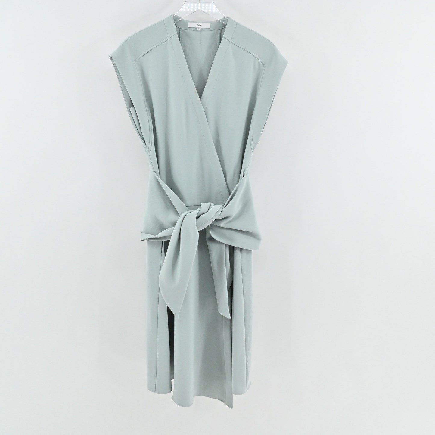 Tibi Chalky Drape Sleeveless Midi Wrap Dress Size 0 Ash Green Minimalist Modern