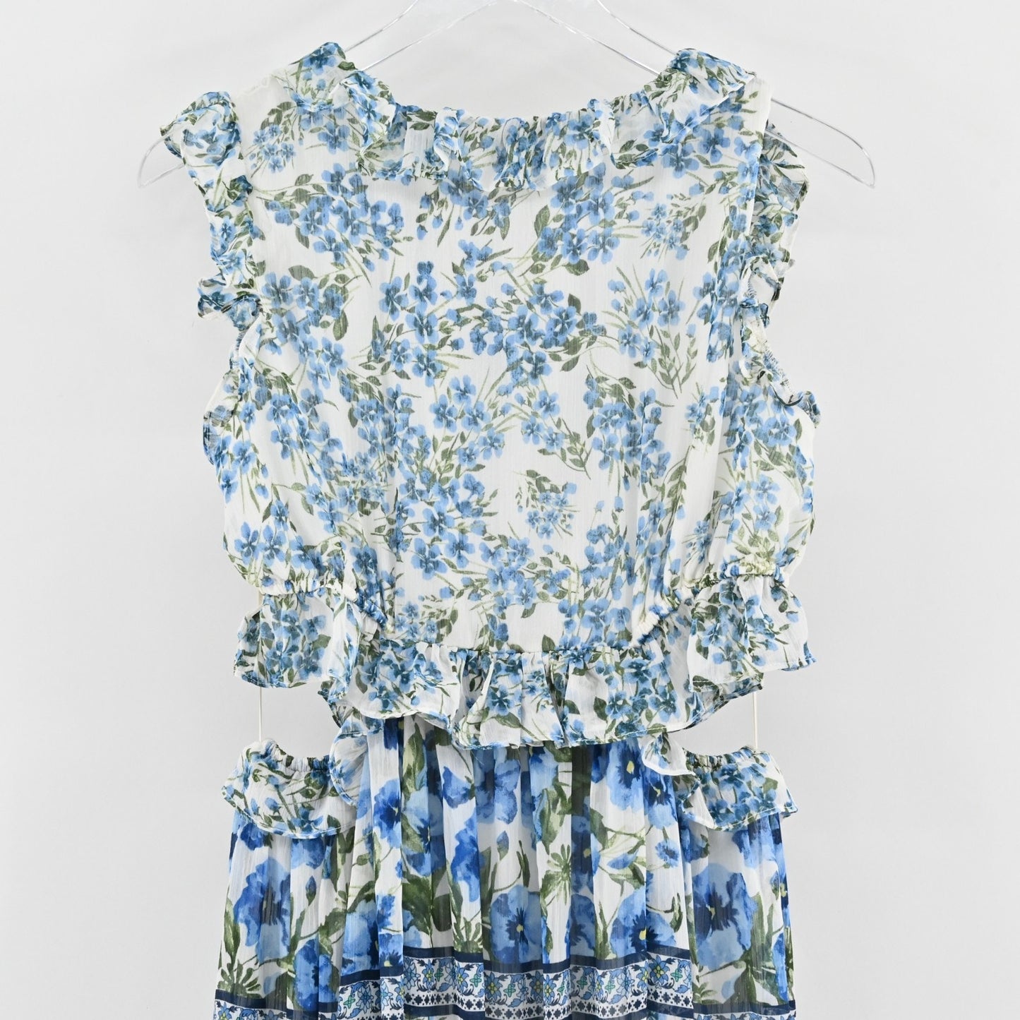 Moon River Ruffled Floral Print Maxi Dress Size L Blue Multi Sleeveless Cut Out