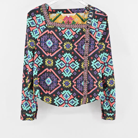 RACHEL ROY Top Womens Sz M Multicolor Print Embroidered Trim Square Neck Blouse