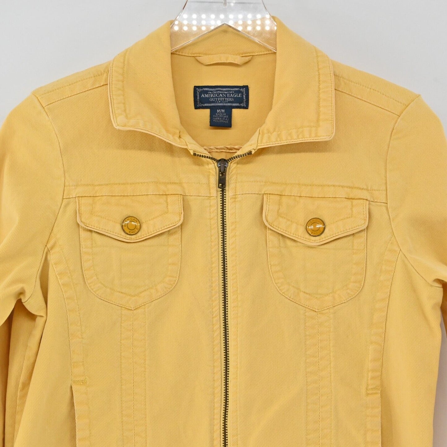 Vtg AMERICAN EAGLE Jean Jacket Womens Size M Yellow Denim Zip Up Pockets Y2k