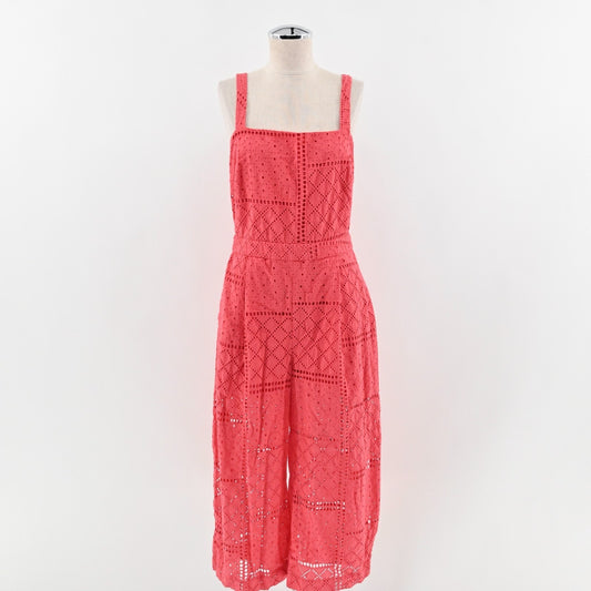 PARKER Womens Ashton Jumpsuit Sz 4 Red Eyelet Sleeveless Crop Slit Wide Leg
