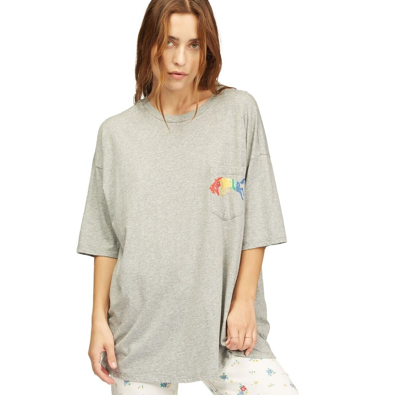 BILLABONG x WRANGLER T Shirt Womens Sz S Gray True Boy Pocket Rainbow Cotton NEW