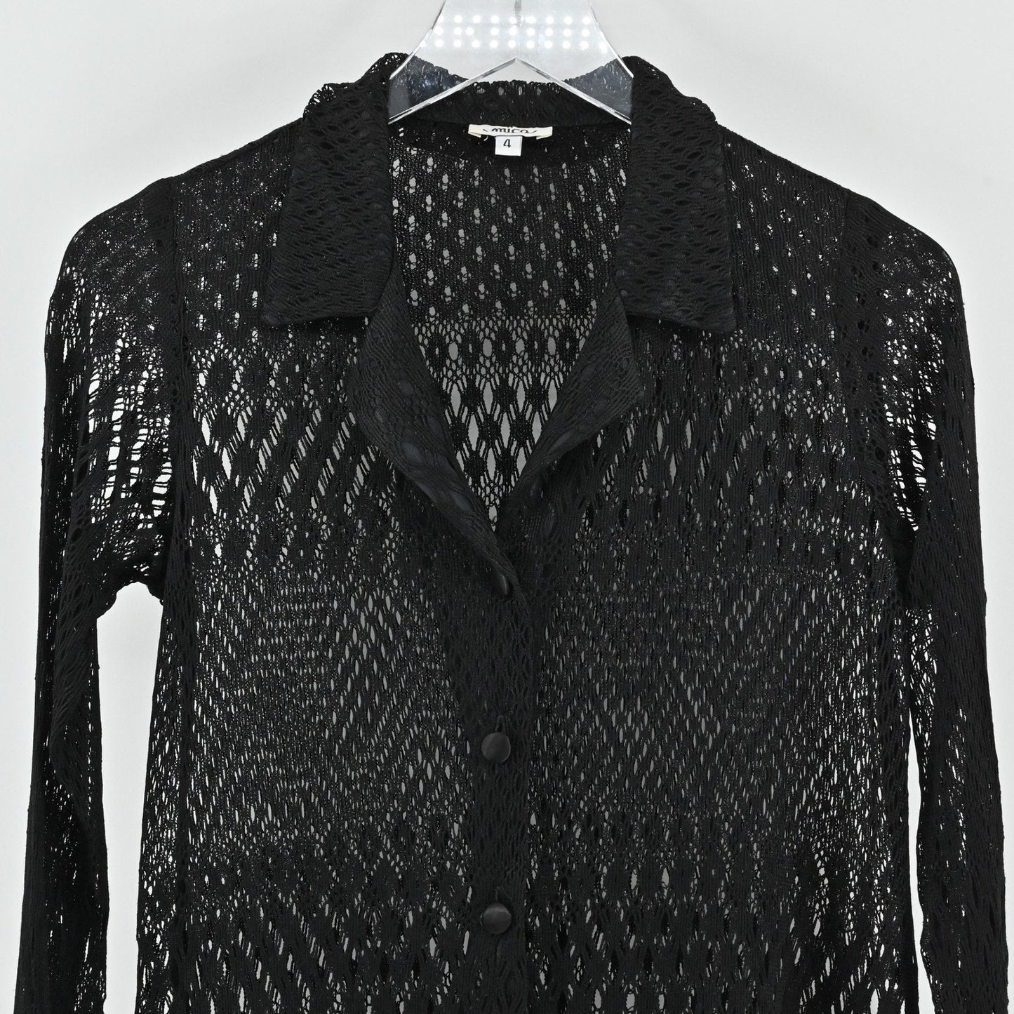 Vtg Y2k Mica Womens Black Knit Crochet Top Size 4 Sheer Mesh Button Long Sleeve
