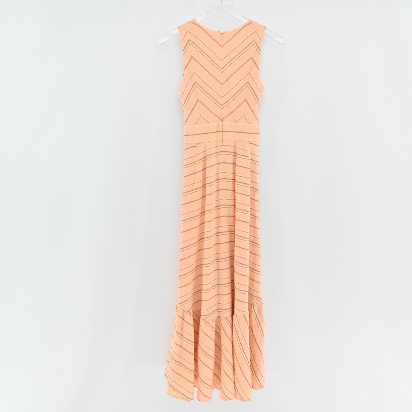 CALVIN KLEIN Dress Sz 2 Orange Linen Cotton Striped Belted Maxi V Neck Vacation