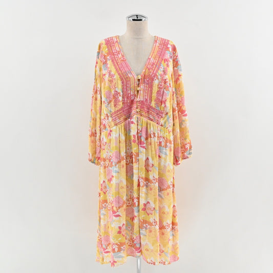 TORRID Dress Size 2X Peach Floral Print Gauze Hi-Lo VNeck Shirred Embroidery