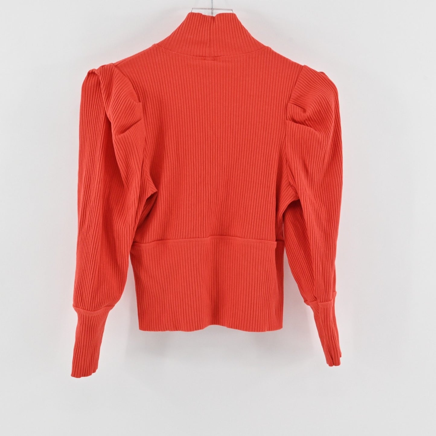 Free People Lala Cropped Top Size L Red Ribbed Puff Sleeve Mock Neck Vibrant