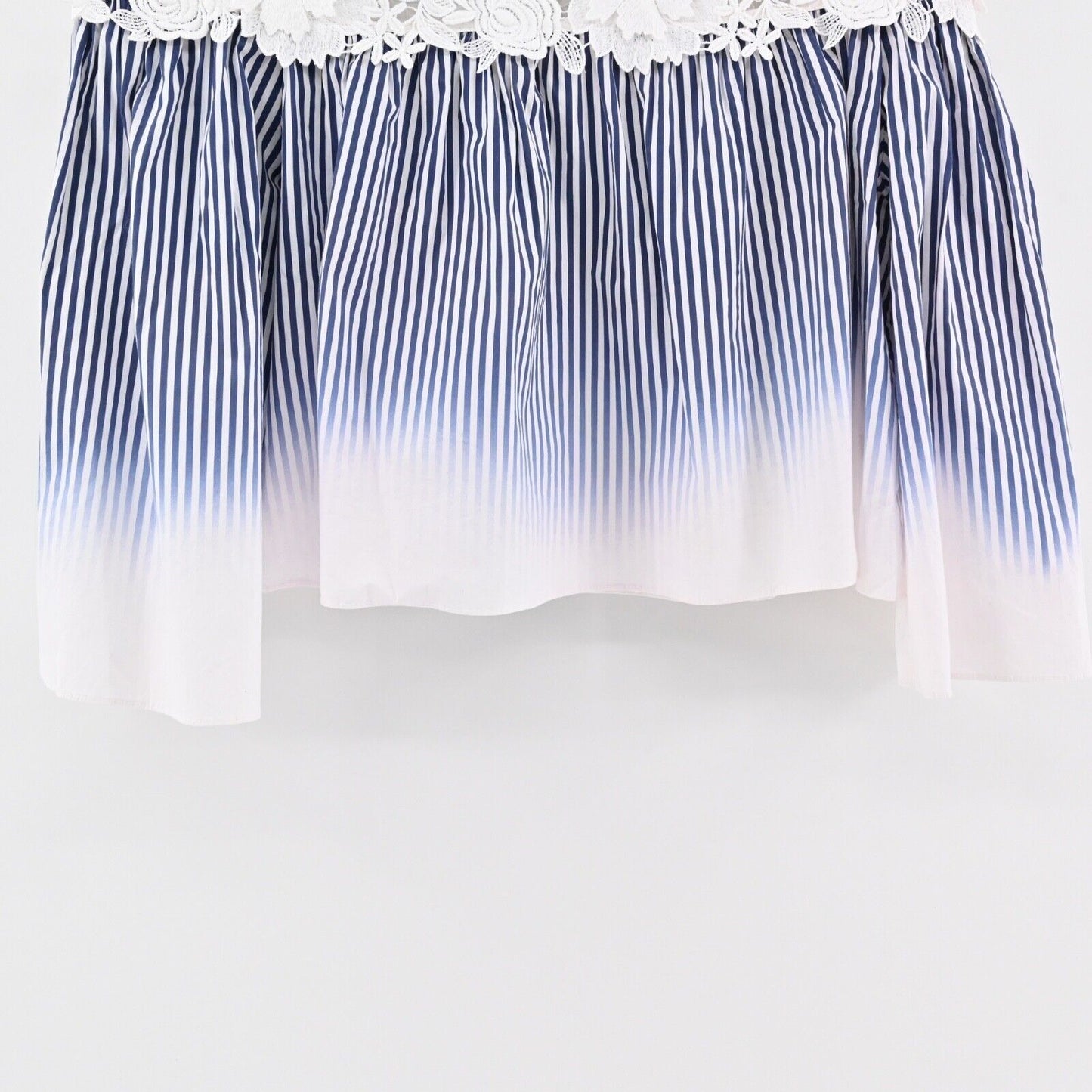 MILLY Top Womens Sz 10 Blue Stripe Lace Cotton Off The Shoulder Bell Sleeve USA