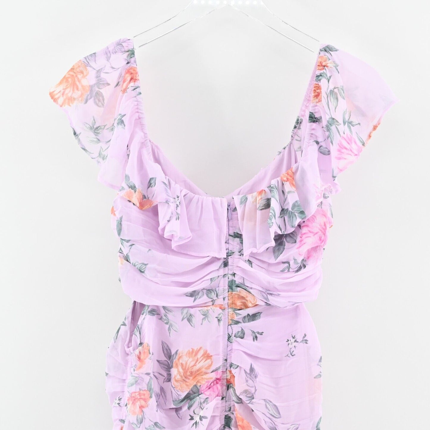 ASTR Dress Size M Devereaux Midi Cut Out Side Draped Pink Multi Floral Lavender