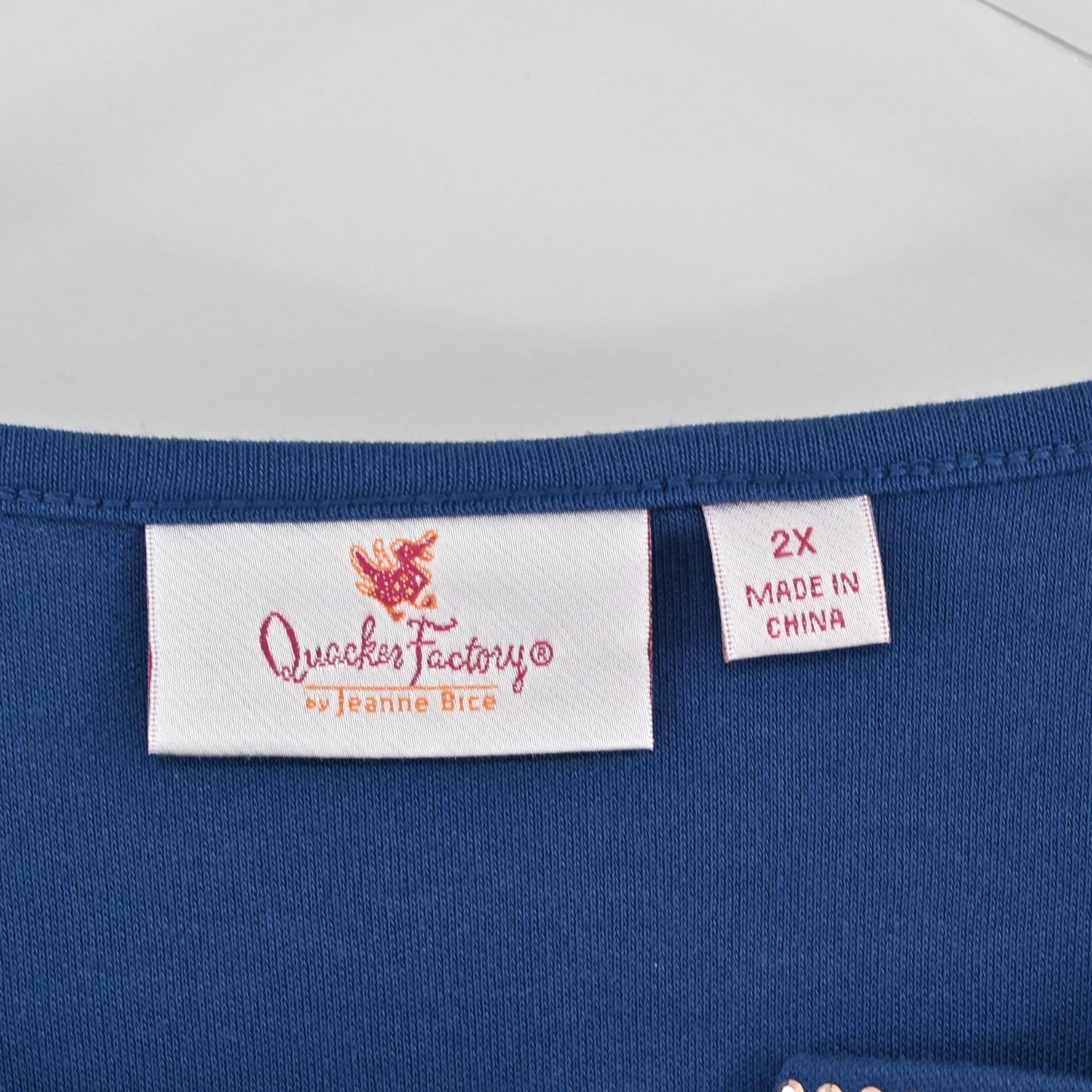 Quacker Factory Womens Rhinestone Pocket Split Neck Top Size 2X Light Navy Tee