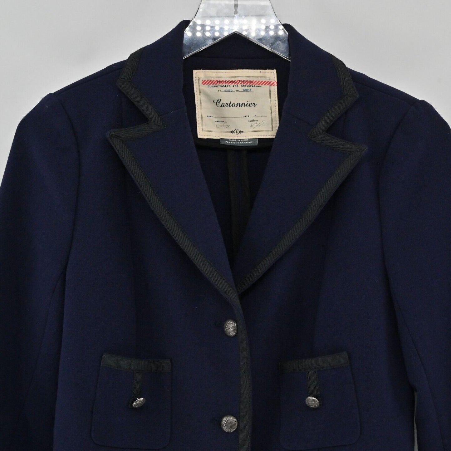 ANTHROPOLOGIE Jacket Womens Size 6 Cartonnier Navy Black Trim Pocket Long Sleeve