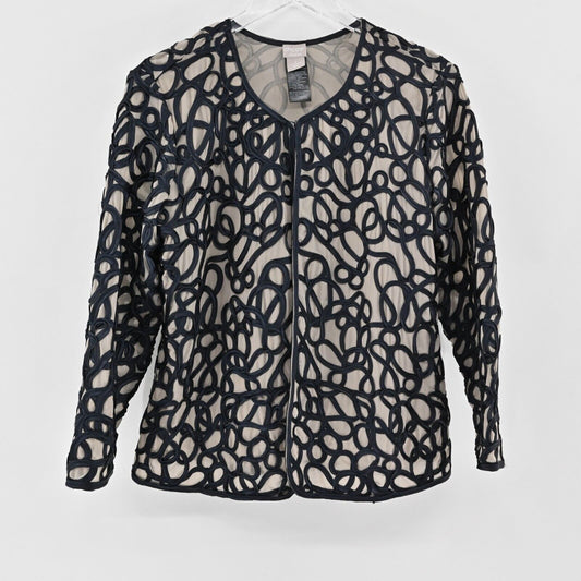 CHICOS Jacket Womens Size 8 Black Swirl Ribbon Sheer Mesh Travelers Collection