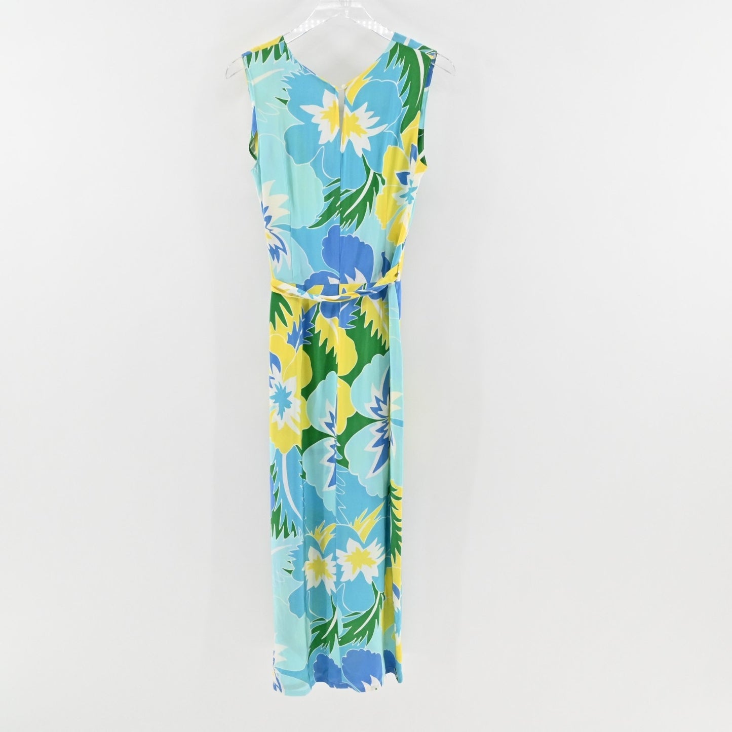 Vtg Maggy London Silk Maxi Dress Size 10 Floral Tropical Print Blue Sleeveless