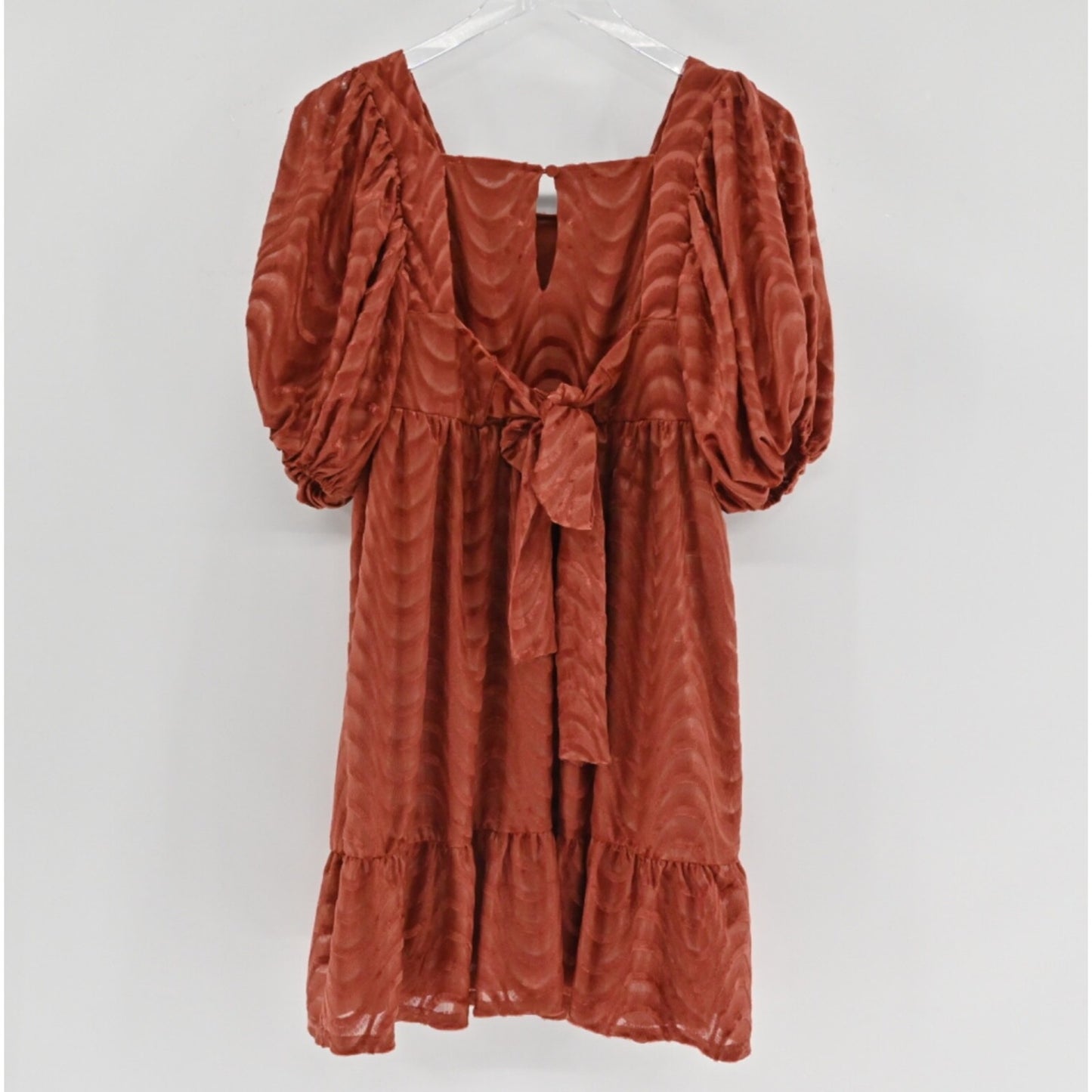 MOON RIVER Velvet Babydoll Dress Size M Peasant Boho Puff Sleeves Rust Retro 70s