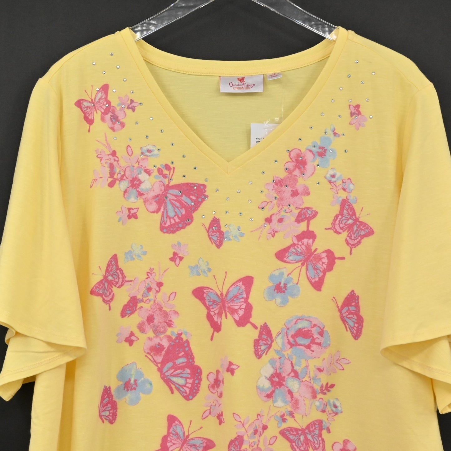 Quacker Factory Womens VNeck Yellow Pink Butterfly Top Sz 3X Rhinestone Tee NEW