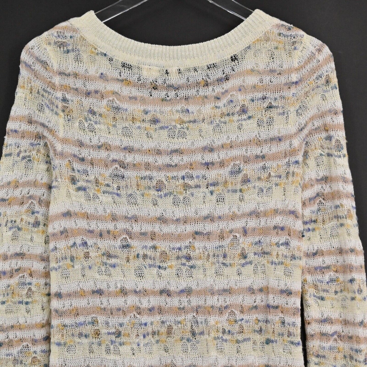 ANTHROPOLOGIE Sweater Womens Size S Cream Stripe Linen Open Knit Scoop Neck MOTH