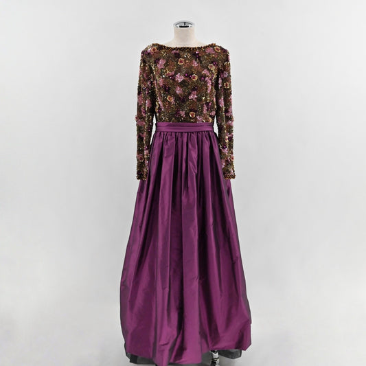 Vtg 60s Victoria Royal Beaded Evening Gown Dress Size 10 Silk Purple Taffeta Bow
