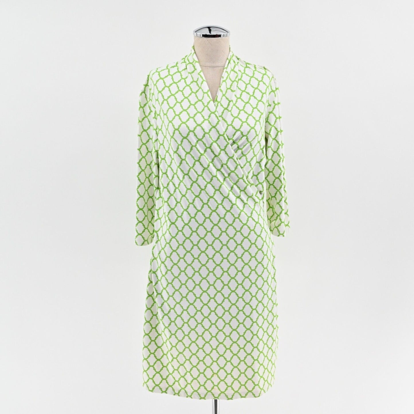 J MCLAUGHLIN Dress Size M Catalina Cloth Green White Faux Wrap Trellis Print