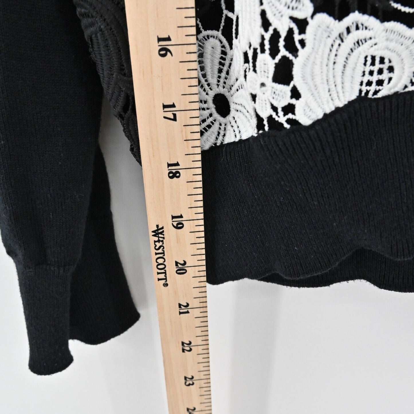 KARL LAGERFELD Sweater Womens L Crochet Cardigan Black White Floral Embroidered