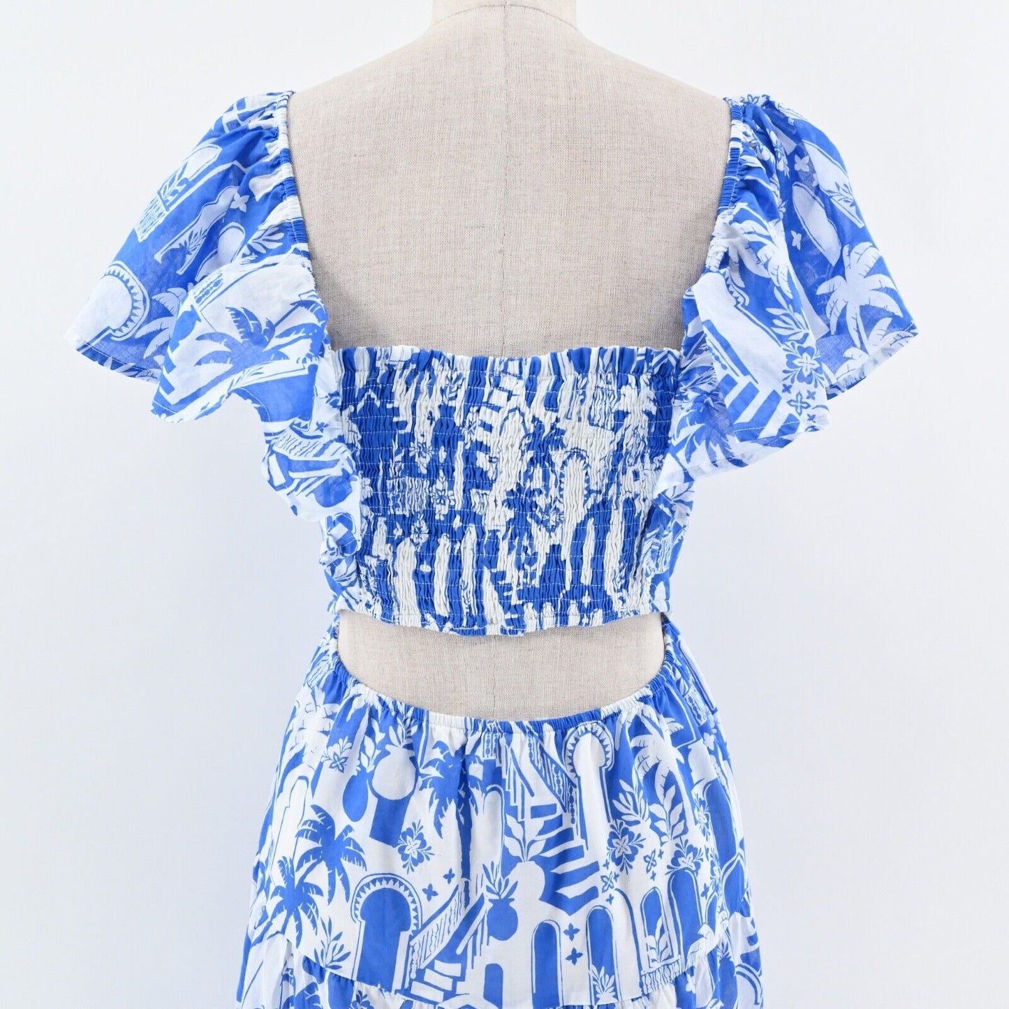 SUGARLIPS Dress Sz S Nala Maxi Blue Tropical Print Cotton Ruffle Flutter Sleeve
