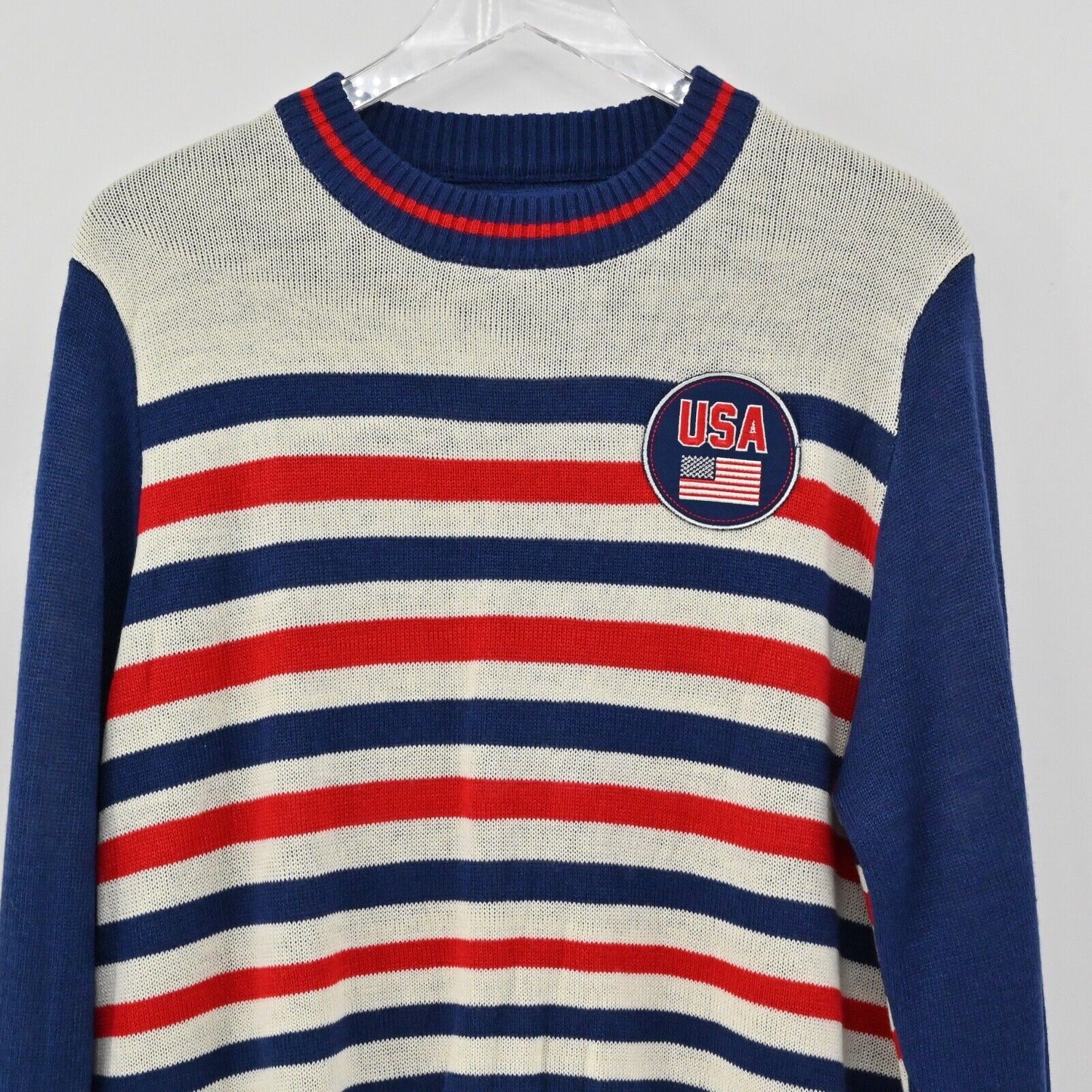 TIPSY ELVES Sweater Mens Sz L Striped USA Flag Crew Neck Retro Preppy Sportswear