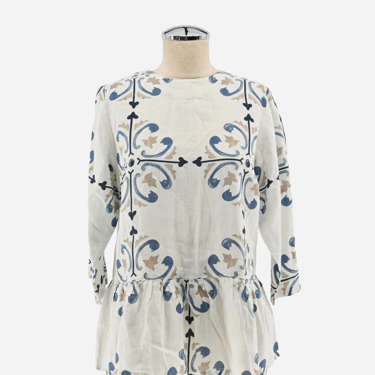 MARIO ROMANO Womens Linen Top Size M Peplum White Blue Boho Italy Breathable