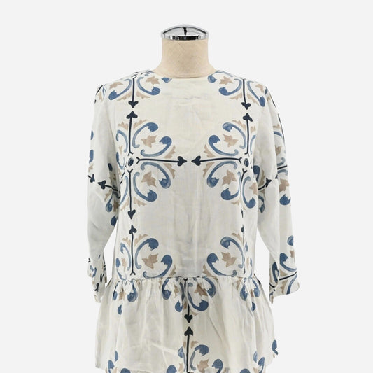 MARIO ROMANO Womens Linen Top Size M Peplum White Blue Boho Italy Breathable
