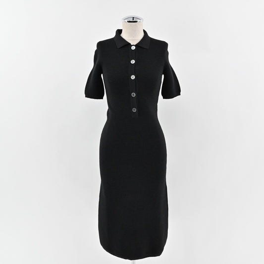 TRUSSARDI Ribbed Dress Size XS Tru Black Button Detail Fitted Stretch Midi