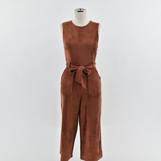 Anthropologie Womens Suede Jumpsuit Size XSP Brown Polished Sleeveless Belted