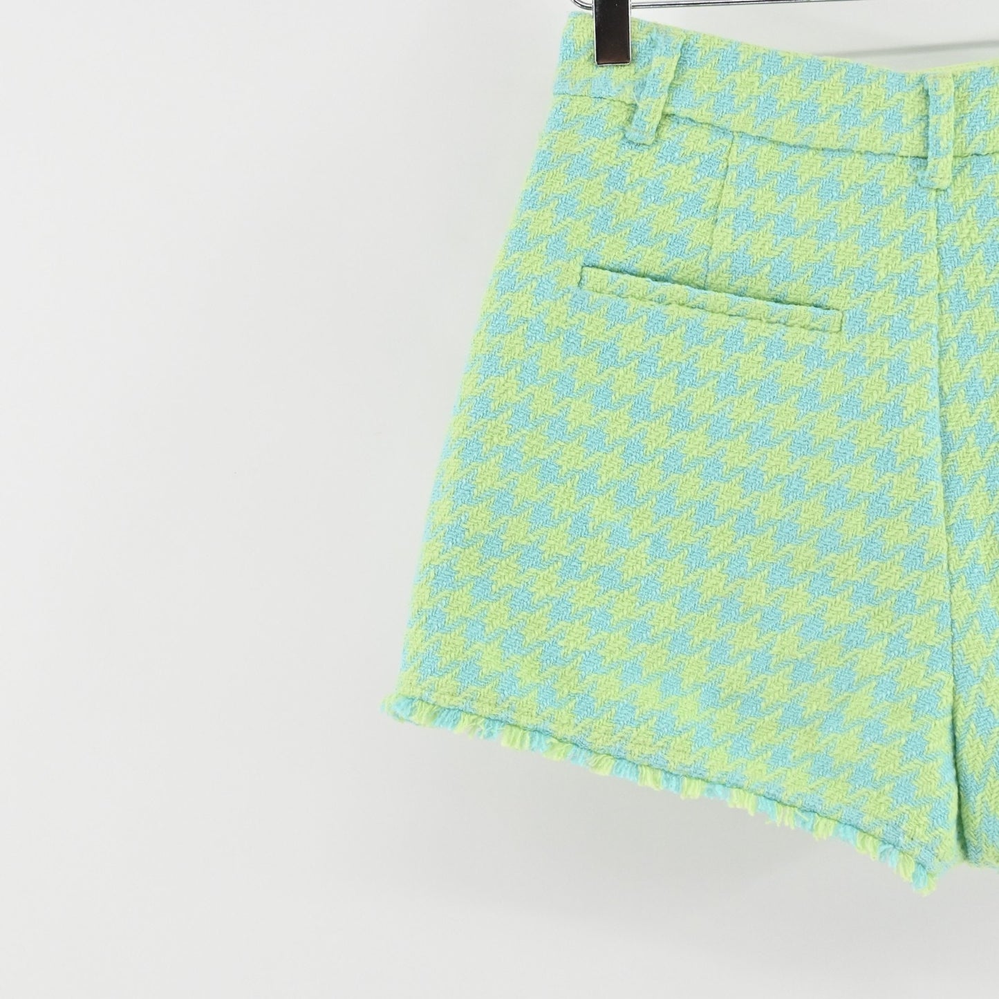 Zara Womens Houndstooth Tweed Frayed Shorts Size S Blue Green High Rise Casual