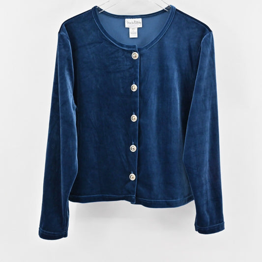 Vtg DVF Velvet Jacket Womens Sz L Blue Collarless Button Color Authority USA 80s