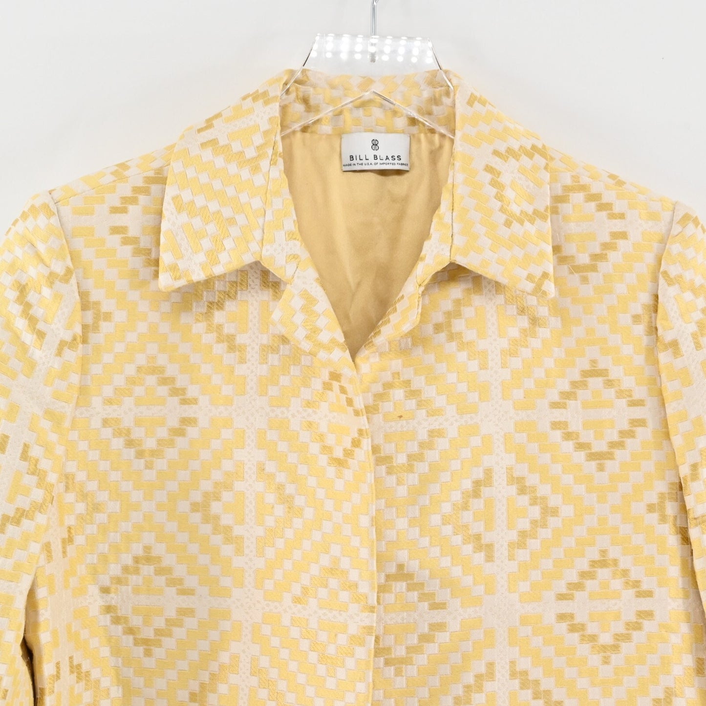 Vtg BILL BLASS Blazer Womens Size 6 Yellow Geometric Cropped Open Front Jacket