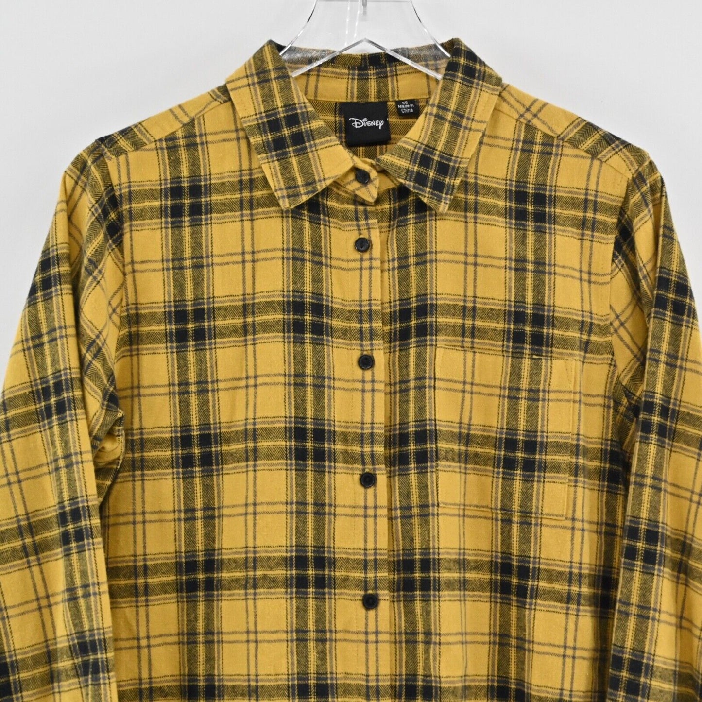 DISNEY Top Womens Size XS Yellow Plaid Mickey Mouse Graphic 100% Cotton Flannel