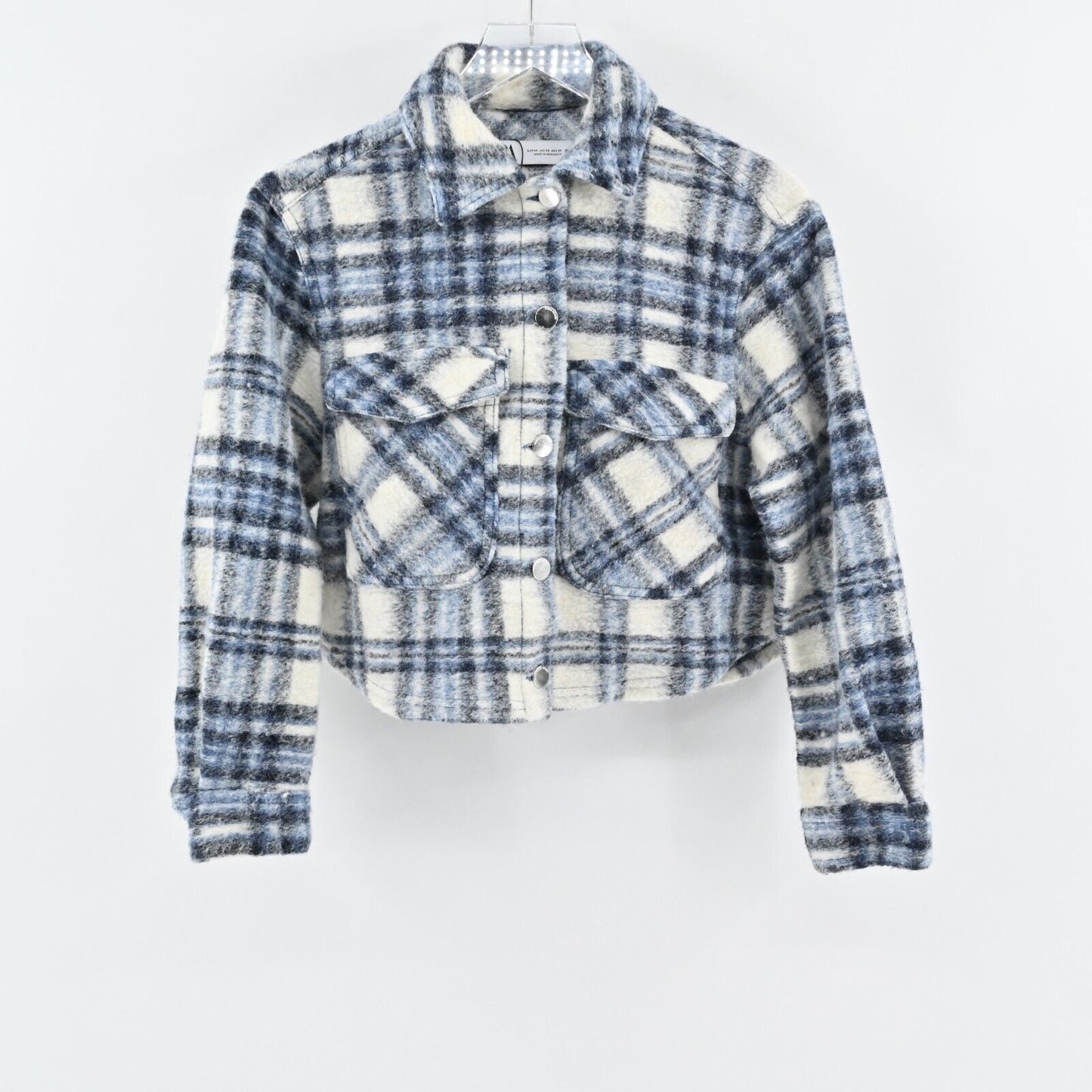 ZARA Jacket Womens Size XS Cropped Blue Plaid Button Front Shacket Wool Blend
