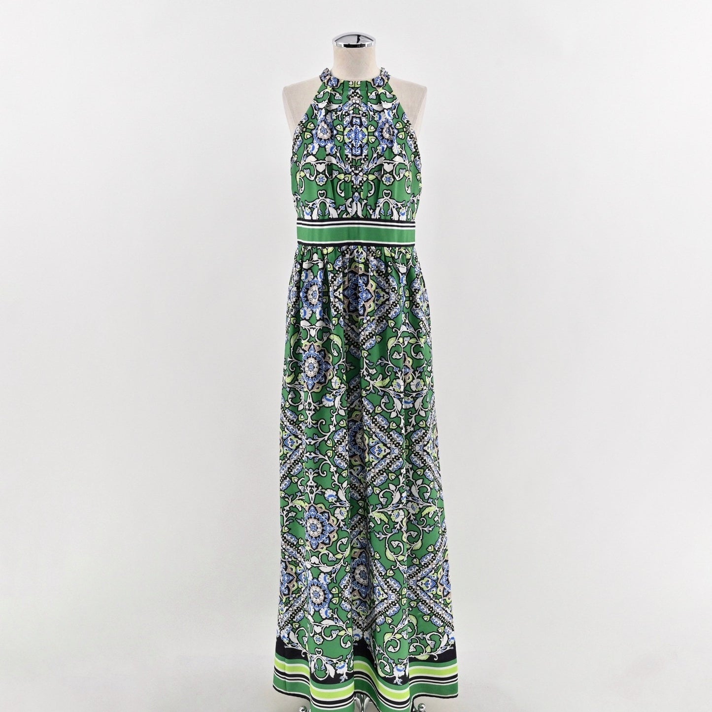 Jessica Howard Floral Damask Halter Maxi Dress Size 10 Green Boho Sleeveless