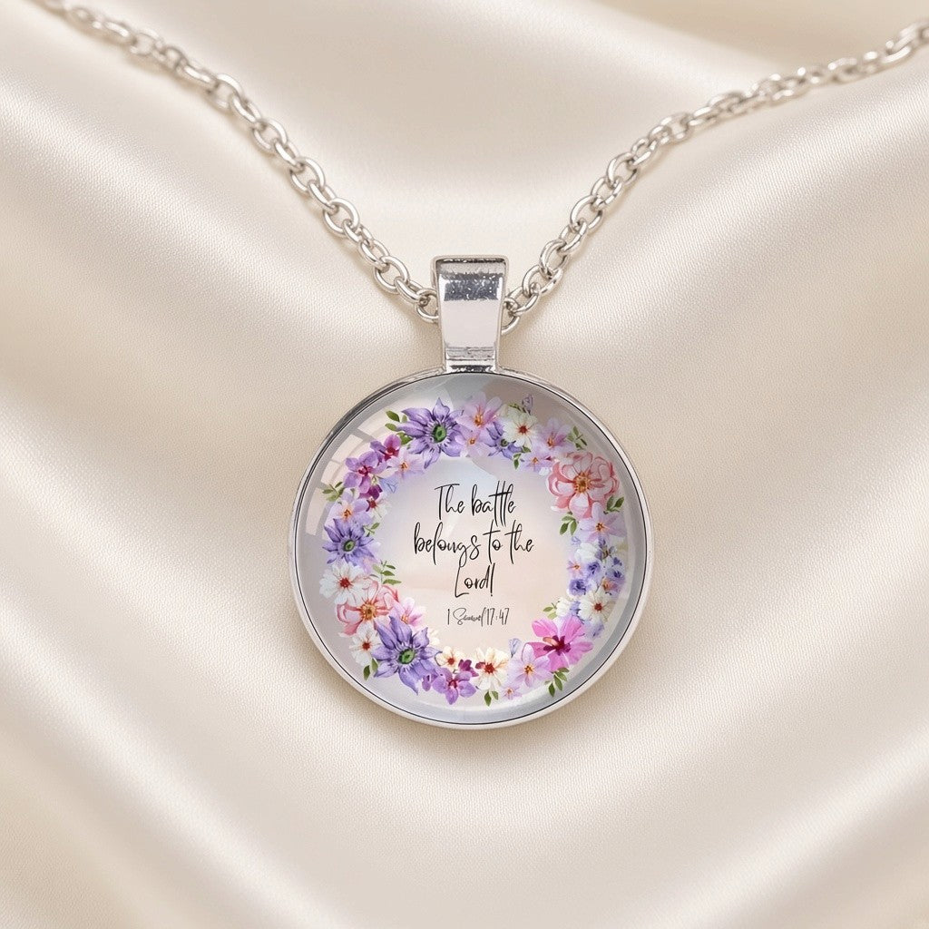 Bible Verse Glass Cabochon Pendant Necklace Floral Wreath Silver Tone - 1 Samuel 17:47 close-up