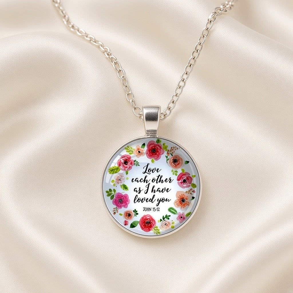 Bible Verse Glass Cabochon Pendant Necklace Floral Wreath Silver Tone - John 15:12 close-up